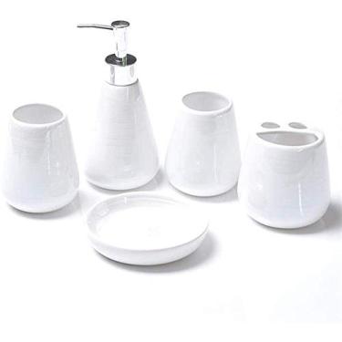 Imagem de Conjunto de acessórios de banheiro simples de 5 peças de acessórios de banheiro de cerâmica conjunto de acessórios de banheiro inclui dispensador de sabonete, suporte de escova de dentes, conjunto de acessórios de banheiro (cor: verde) - branco