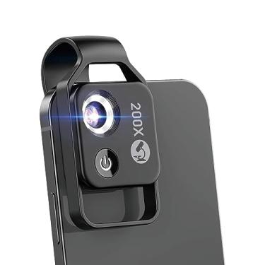 Imagem de Mini microscópio de bolso para celular 200X com luz LED, lente CPL, microscópio digital portátil com clipe universal, para crianças, estudantes, observação de microbiologia (preto)