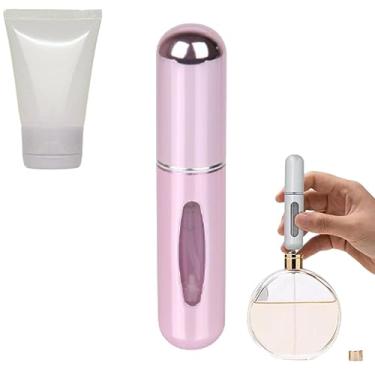 Imagem de Mini Spray Porta Perfume 5ml Recarregável Para Viagem, Atomizador Porta Perfume Portátil + Bisnaga Plástica 30g e Tampa Flip Branca (Rosa Brilhante)