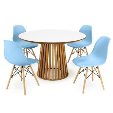 Imagem de Conjunto Mesa de Jantar Redonda Luana Amadeirada Branca 120cm com 4 Cadeiras Eames Eiffel - Azul Claro