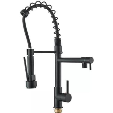 Imagem de Torneira de cozinha preta com pulverizador - alça única mola pull down torneira de pia de cozinha comercial torneira de cozinha preta fosca