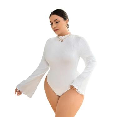 Imagem de SOLY HUX Body feminino plus size gola redonda sino manga longa body camiseta tops, Branco puro, 4G