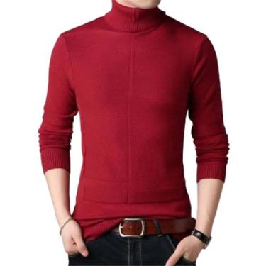 Imagem de Suéter de gola rolê masculino pulôver de tricô casual masculino fino roupas masculinas clássicas malha sólida pullovers, vinho tinto, M