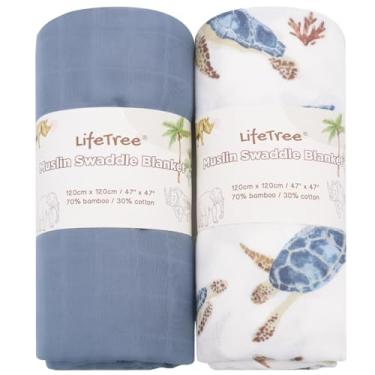 Imagem de LifeTree Cobertores de musselina neutros, cobertor de bebê para meninos e meninas, macio 70% viscose de bambu e 30% algodão, grande 119 x 119 cm, tartaruga marinha e azul marinho