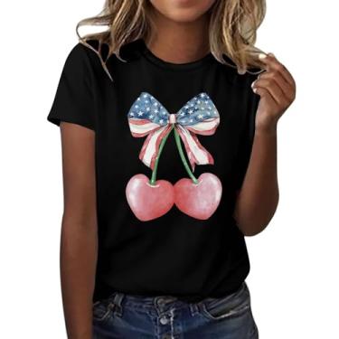 Imagem de Camiseta feminina Dia da Independência com estampa de laço de cereja e coração blusa de manga curta gola redonda 4 de julho, Preto, M