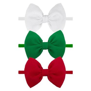 Imagem de YanJie Faixa de cabelo para meninas - Laço de Natal elástico de nylon com laços - Acessórios de cabelo infantil - Pacote com 3 - Vermelho Branco Verde