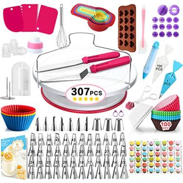 Imagem de Kit de 240 peças para decoração de bolos - 1 suporte para toca-discos - 48 pontas de cobertura numeradas com gráfico de padrões e E.Book-1 nivelador de bolo - Espátula reta e angular - 8 bicos russos para confeitar ferramentas para assar