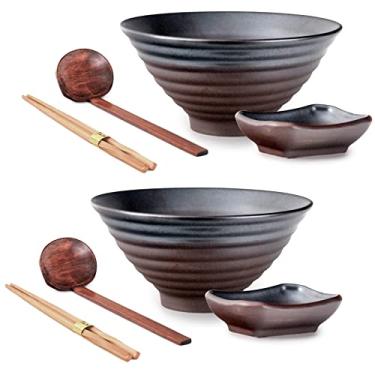 Imagem de Hinomaru Collection Conjunto de 8 peças de ramen estilo japonês de duas tigelas de macarrão de porcelana de 1,182 ml com colher de bambu pauzinhos de bambu e prato de molho (bronze marrom)