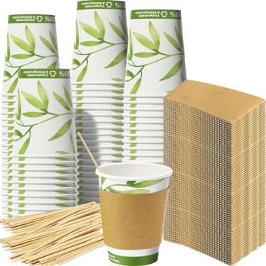 Imagem de Copos de bebida quente recicláveis, biodegradáveis, 340 ml. Canecas de papel compostável, canecas de madeira e mangas de café de papelão. Conjunto de suprimentos para bebidas de 340 ml, perfeito para negócios e café ecológicos, Recyclable White with Leaf Print, 100 Pack