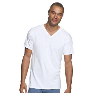 Imagem de Hanes Camiseta masculina clássica de modelagem tradicional ComfortSoft sem etiqueta com decote em V, Branco, M