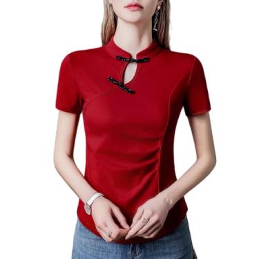 Imagem de Yueary Blusa feminina Qipao chinesa manga curta botão sapo étnico gola mandarim túnica, blusa tradicional, Vermelho, M
