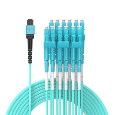 Imagem de Cabo de breakout de 50 m MPO/MTP para 12 x LC (6 Duplex) 12 fios, QSFP 40GBase-SR4, OM4 Fanout Cabo de fibra óptica – Aqua, 50 metros
