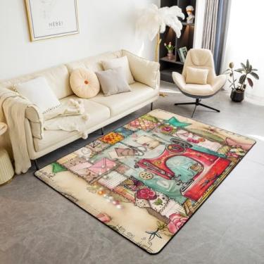 Imagem de Tapete vermelho para máquina de costura 1,5 x 1,80 m, tema de costura europeu, antiderrapante, tapete decorativo para ambientes internos, flores ocidentais rústicas, vintage, marrom, patchwork para