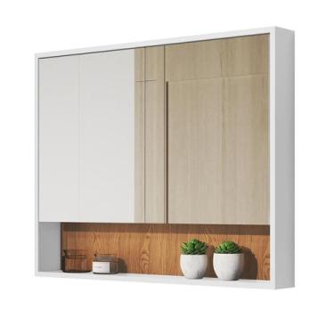 Imagem de Espelheira Eros Armário Aéreo Para Banheiro - Branco/Madeira - Emes Mo