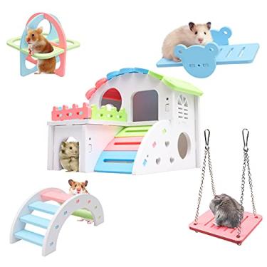 Imagem de Conjunto de brinquedos para hamster sírio, versão melhorada de 21 cm grande para hamster, esconderijo de gerbo de madeira, gangorra de animais pequenos, brinquedos esportivos de exercício de porquinho