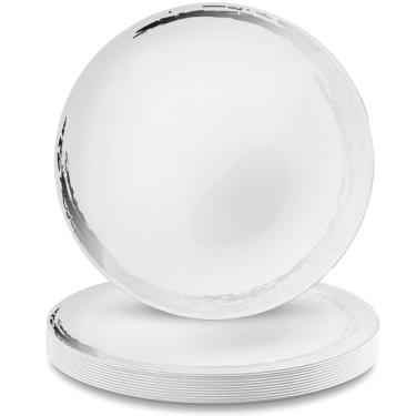 Imagem de Conjunto de pratos de plástico redondos brancos e prateados - 26 cm (10 peças) | Design premium e luxuoso - ideal para casamentos, festas e eventos