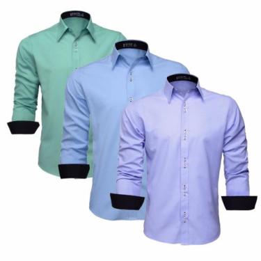 Imagem de Kit 3 Camisas Masculina Manga Longa Social Slim Blusa (Verde, Lilás, A