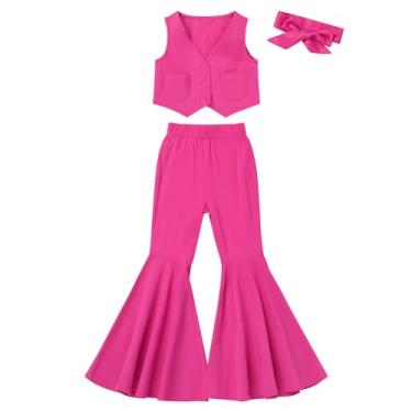 Imagem de Roupas de vaqueira para meninas, rosa choque, roupa de discoteca, colete sem mangas, calça flare, fantasia de vaqueira, Rosa choque, 11-12 Anos