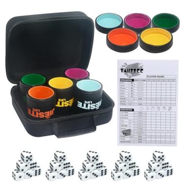 Imagem de Leather Dice Cup Set Lined Quiet Dice Shaker Cup with 5 Dice Cup with Lid and 30 Acrylic Dices Exclusive Storage and Transport Case for Travel Yahtzee Game Farkle Classic Dice Liars Dice (Mixed A)