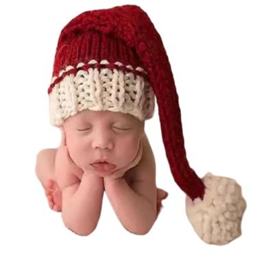 Imagem de Acessórios para sessão de fotos de bebês recém-nascidos de Natal, roupas de crochê, chapéu vermelho, calças, adereços de fotografia (chapéu vermelho)