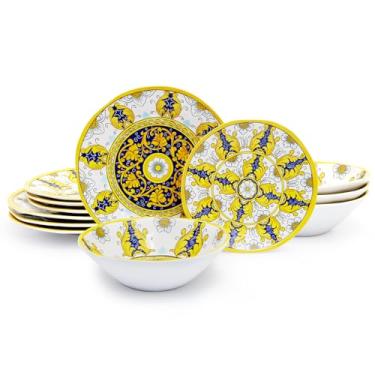 Imagem de TP Conjunto de louça de 12 peças, conjunto de pratos de melamina com tigelas e pratos, serviço de jantar leve e inquebrável para 4, amarelo luxuoso