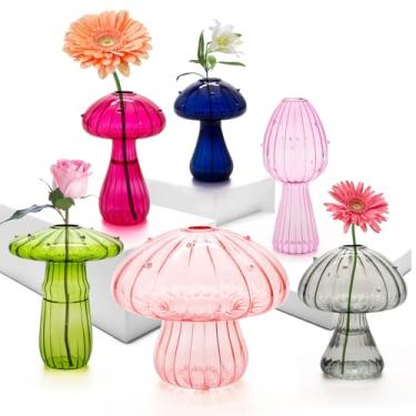 Imagem de COITEK Vaso de cogumelo de 6 peças, vasos de propagação de cogumelos de vidro colorido para plantas, vaso de flores hidropônicas fofas com botões pequenos, decoração de escritório em casa para