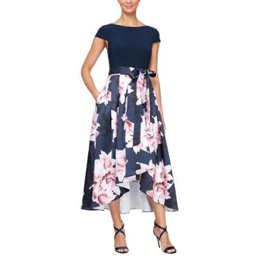 Imagem de S.L. Fashions Vestido feminino de jérsei elástico com manga cavada floral e cinto de amarrar, Azul-marinho rosa claro, 50