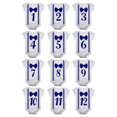 Imagem de Kit Body Bebê Mesversario Manga Curta Gravatinha Suspensório 12 Bodies