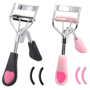 Imagem de MERVK Peças de Modelador de Cílios de Aço Inoxidável com Pente Embutido, Sem Dor, Adequado para Qualquer Formato E Tamanho de Olhos, com 4 Almofadas de Recarga de Silicone (Preto E Rosa Claro)