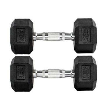 Imagem de Par Halteres 5kg + 5kg Dumbbell Sextavado Emborrachado Pegada Cromada 
