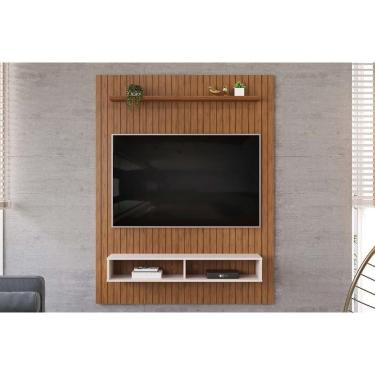 Imagem de Painel Quarto p/ TV até 55 Pol Aston Ripado c/ 1 Prateleira e 2 Nichos 134x168cm Freijó/Off White - DJ Móveis