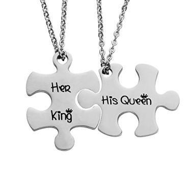 Imagem de omodofo Colar com pingente de quebra-cabeça para o Dia dos Namorados para ele e ela, conjunto de chaveiros personalizados para casais, Metal