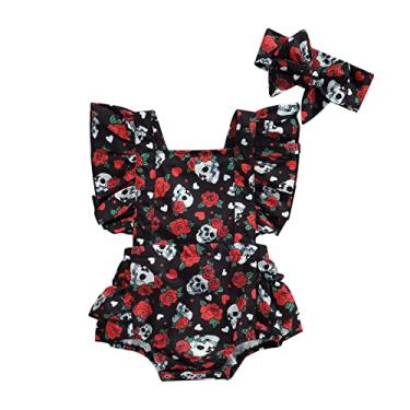 Imagem de GOOCHEER Macacão Infantil Para Meninas, Roupas De Halloween, Estampa De Caveira Rosa, B...