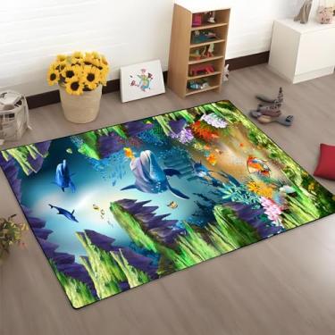 Imagem de Tapete antiderrapante com estampa de tartarugas golfinhos azuis, praia, oceano, azul-petróleo, tema marinho, tapete antiderrapante, quarto, sala de estar, sofá, berçário, decoração (mar-6, 100 cm x