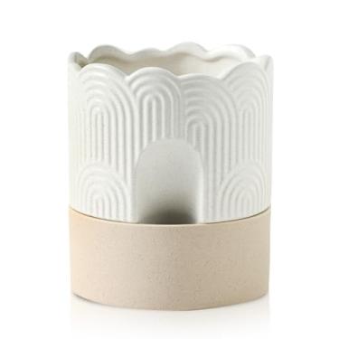 Imagem de Nihow Vaso de plantas autoirrigável: vaso de cerâmica de 15 cm com orifício de drenagem e armazenamento de água Plus - Vaso autoirrigável com design em relevo para plantas de interior - Vaso de flores