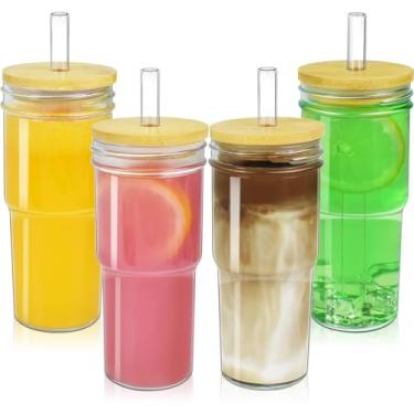Imagem de Artcome Conjunto de 4 copos de vidro de 680 g com tampas de bambu, canudos de vidro de furo grande - frascos de vidro de boca larga - copo para beber, copo de café gelado, copo de smoothie, caneca de