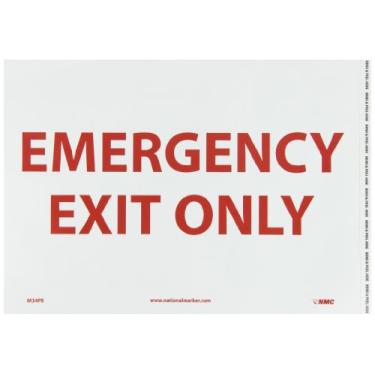 Imagem de NMC Placa de saída de emergência M34PB – Placa de saída de vinil PS de 35,5 x 25,4 cm com texto vermelho na base branca