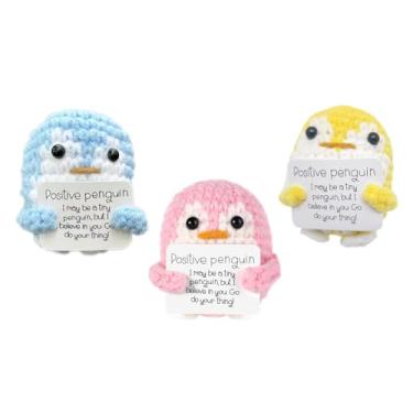 Imagem de 3 peças, decoração de crochê com pinguim positivo, presentes fofos de pelúcia com cartão positivo, interessante incentivo de lã tricotada artesanal criativo inspirador para presentes de aniversário -