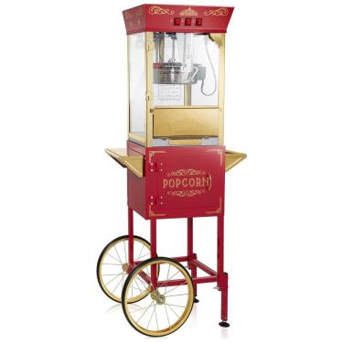 Imagem de Máquina de Pipoca Popper sobre Rodas Estilo Vintage, com Carrinho e Chaleira de 0,35g Vermelha. Ideal para Cinema em Casa e Eventos.