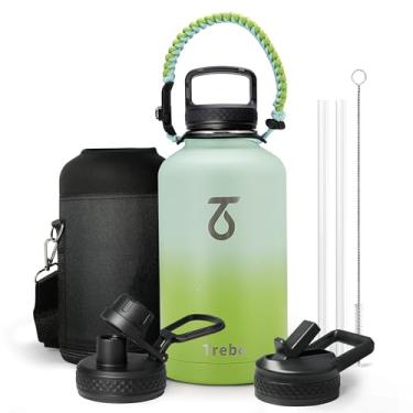 Imagem de Garrafa térmica de água Trebo com alça de paracord e canudo, grande, de aço inoxidável isolado a vácuo, mantém frio por 48 h, reutilizável, com 3 tampas, unissex, para academia, 1,9 L, verde-escura