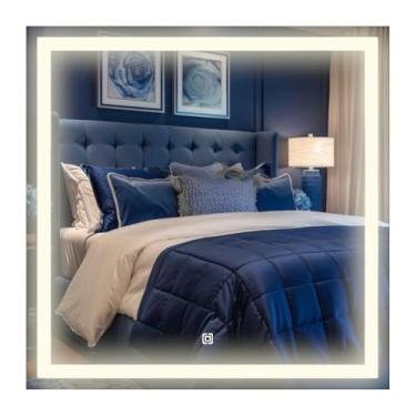 Imagem de Espelho jateado lapidado decorativo quadrado 80x80cm luz led touch Screen Dimerisável luxo Iluminado + Pendurador - Led quente, neutro ou frio (Led Neutro 4000k)