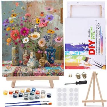 Imagem de MaiMMaledy Kit de pintura por números para adultos iniciantes imagens em tela com desenho emoldurado pigmento acrílico com triângulo de madeira cavalete ornamentos de vaso 20x30 cm C cm