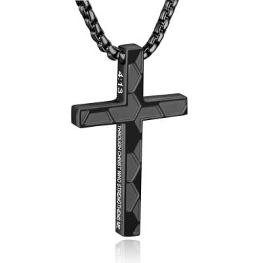 Imagem de WINFY Colar de cruz de futebol para meninos e homens, pingente de cruz cristã, versículo bíblico, corrente de aço inoxidável, 50 + 5 cm, joia de futebol, presente religioso para homens, Aço