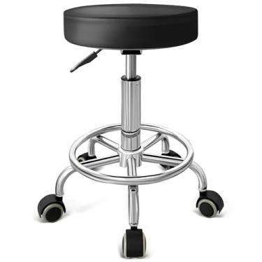 Imagem de DENGTELI Banqueta de couro PU com banco ajustável sobre rodas e enchimento não tecido sob a almofada. Bancos de hospital, tatuagem, massagem, escritório, spa, salão de beleza (preto)