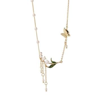 Imagem de Colar de flor de lírio do vale, brincos banhados a ouro, pingente de fada, lírio branco, flores de pérola de água doce, esmaltado, folhas verdes, borla, conjunto de joias para mulheres, casamento