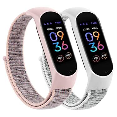 Imagem de Pulseiras de nylon para Amazfit Band 5 pulseiras de substituição femininas e masculinas, pacote com 2 pulseiras esportivas de nylon macio compatível com Amazfit Band 5 acessórios de pulseira (areia rosa + concha do mar)