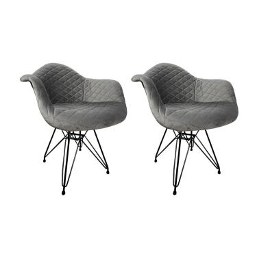 Imagem de Kit 2 Poltronas Jantar Eames Eiffel Estofadas Cinza Base Ferro Preto