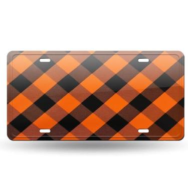 Imagem de Capa de placa de licença de arte xadrez de búfalo laranja - etiqueta artística de alumínio para carro, à prova de ferrugem, design exclusivo - 15 x 30 cm