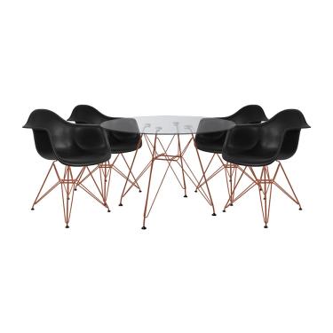 Imagem de Conjunto Jantar Mesa Eames Eiffel Vidro Redonda 110cm com 4 Poltronas Pretas Ferro Cobre