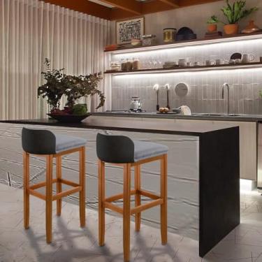 Imagem de Kit 2 Banquetas Altas para Cozinha, Encosto Estofado em Linho Bege, Pés em Madeira Natural, Cozinhas Bancadas